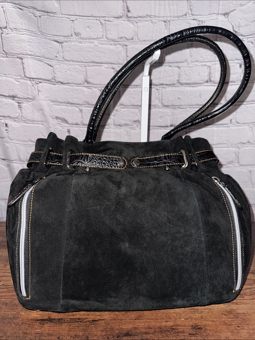 Black Suede Tote with Leather Trim and Stud Details - Picture 5 of 9